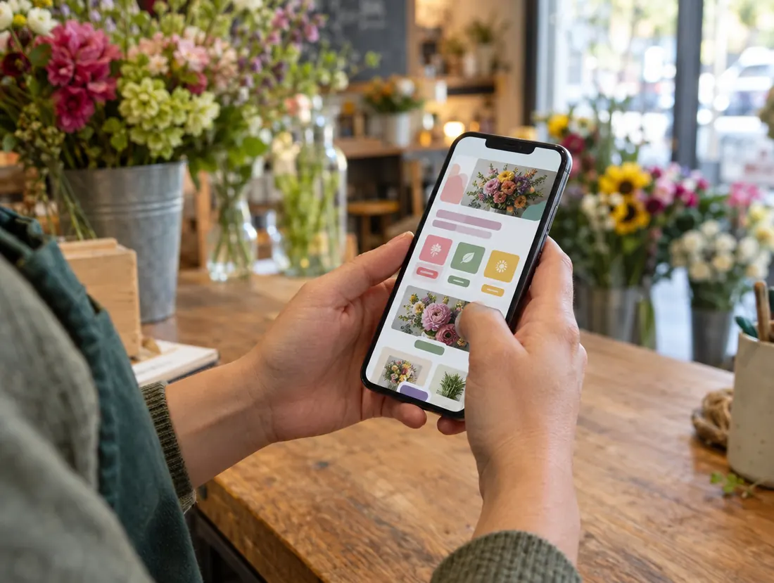 Dükkan tezgahında telefonundan web sitesine bakan işletme sahibinin elleri